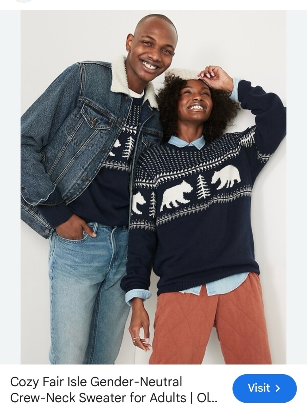Old Navy - Navy and White Bear Fair Isle Crewneck Sweater small